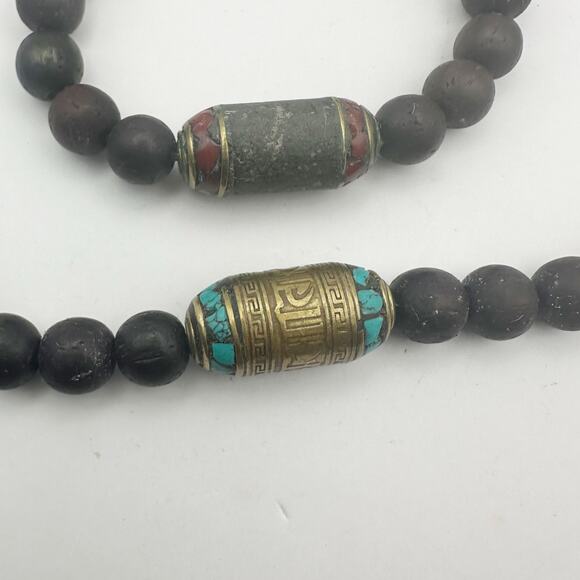 Tibetan Prayer Bead Bracelets Set of 2 Casual Boho Jewlery Brown Brass Red Blue - Picture 3 of 8